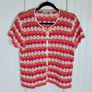 Crochet Button-Down Short Sleeve Shirt - Pink, Orange & White